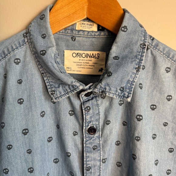 Originals Jack & Jones Men's Allover Skull Long Sleeve Button Up Shirt Blue M - Picture 4 of 16